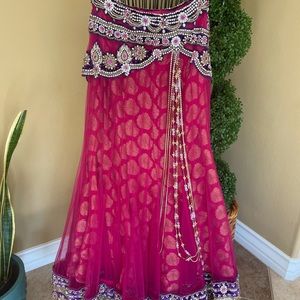 Silk embroidered lehenga skirt, blouse, and shawl